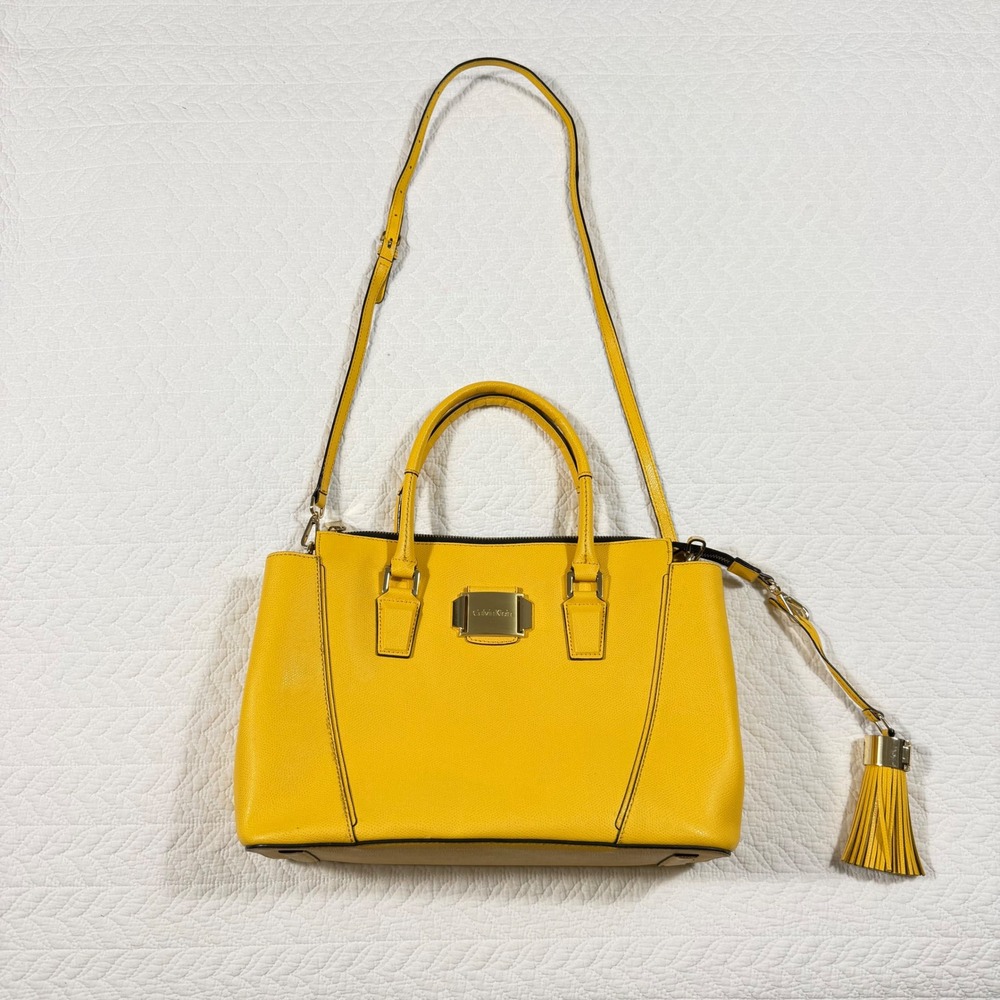 Calvin Klein Satchel Handbag Womens Yellow Designer Faux Leather Tassel‎ EUC